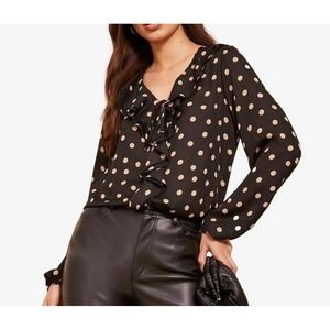 Friends Like These Ruffle Long Sleeve Chiffon Polka Dot Blouse - Black - Sz US 6